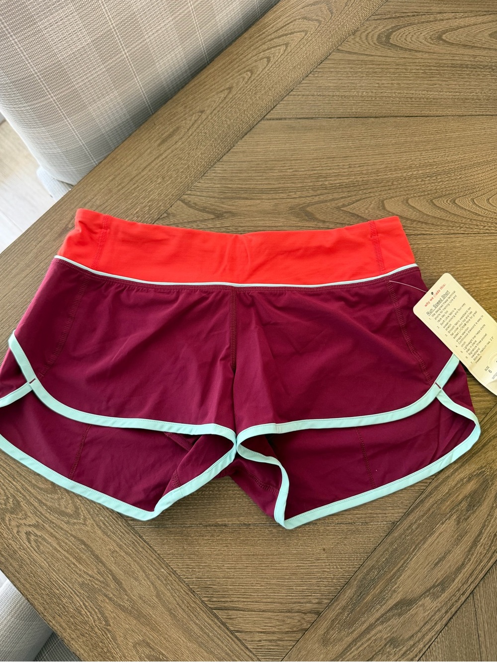 lululemon athletica Burgundy Athletic Shorts with Coral Waistband and Mint Trim